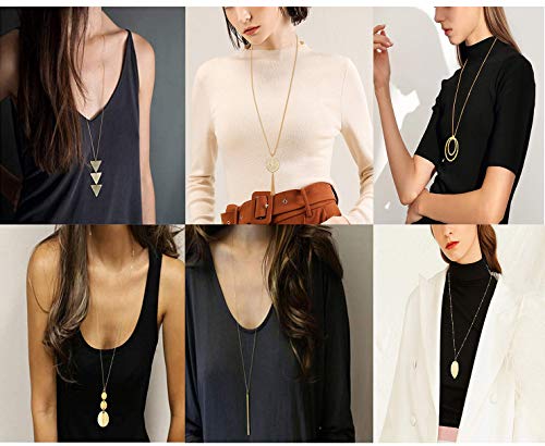 Fesciory 6 PCS Long Pendant Necklace for Women, Gold Bar Circle Leaf Triangle Tassel Y Necklace Set for Girls(Set 2)