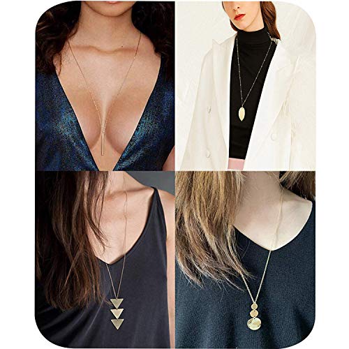 Fesciory 6 PCS Long Pendant Necklace for Women, Gold Bar Circle Leaf Triangle Tassel Y Necklace Set for Girls(Set 2)