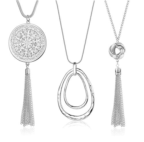 SEVENSTONE 3PCS Long Pendant Necklaces for Women Knot Disk Circle Tassel Statement Sweater Silver Necklace Set