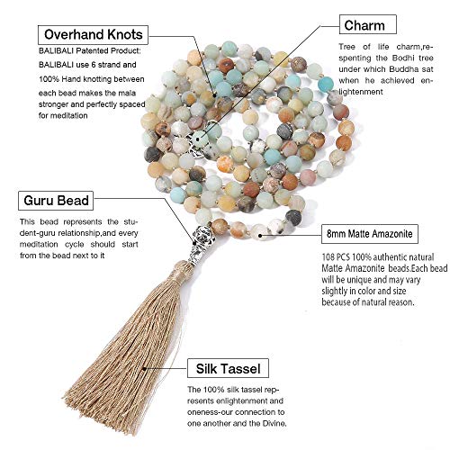 BALIBALI 108 Mala Beads Necklace Semi-Precious Gem Stones Meditation Necklace 108 Hand Knotted Japa Mala Beaded Tassel Necklace with Tree of Life Pendant