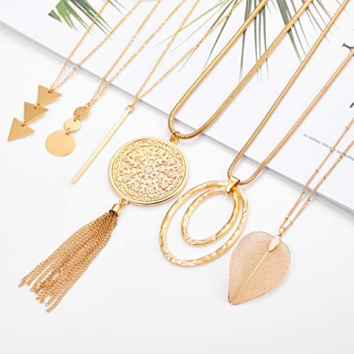 Fesciory 6 PCS Long Pendant Necklace for Women, Gold Bar Circle Leaf Triangle Tassel Y Necklace Set for Girls(Set 2)