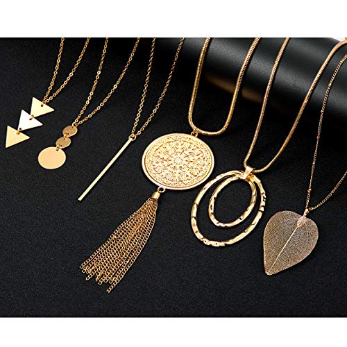 Fesciory 6 PCS Long Pendant Necklace for Women, Gold Bar Circle Leaf Triangle Tassel Y Necklace Set for Girls(Set 2)