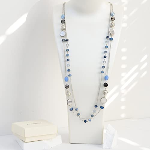 Noessla Layered Long Necklaces for Women Crystal Beaded Statement Necklace Sweater Silver Chain with Gifts Box Jewelry(Blue)