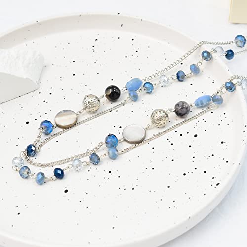 Noessla Layered Long Necklaces for Women Crystal Beaded Statement Necklace Sweater Silver Chain with Gifts Box Jewelry(Blue)