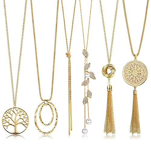 HAIAISO 6Pcs Long Necklaces for Women Tassel Pendant Necklace Circle Knot Bar Feather Leaf Sweater Necklace Statement Necklace for Women