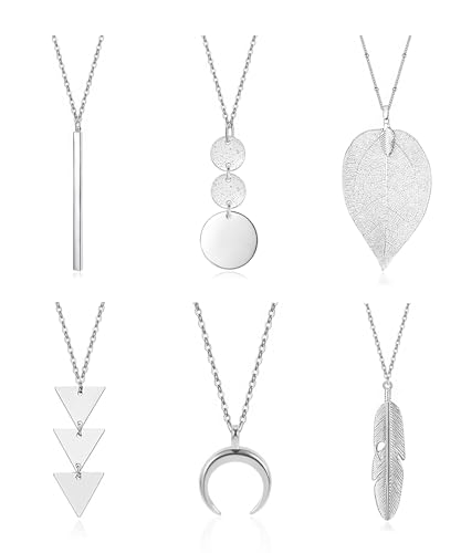 YQZIYOU 6 PCS Long Necklaces for Women - Fashion Pendant Necklace Jewelry, Silver Bar Feather Circle Leaf Triangle Crescent Moon Y Necklace Jewelry Set, Gifts for Women