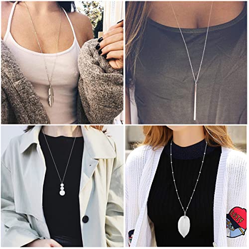 YQZIYOU 6 PCS Long Necklaces for Women - Fashion Pendant Necklace Jewelry, Silver Bar Feather Circle Leaf Triangle Crescent Moon Y Necklace Jewelry Set, Gifts for Women