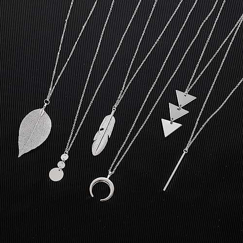 YQZIYOU 6 PCS Long Necklaces for Women - Fashion Pendant Necklace Jewelry, Silver Bar Feather Circle Leaf Triangle Crescent Moon Y Necklace Jewelry Set, Gifts for Women