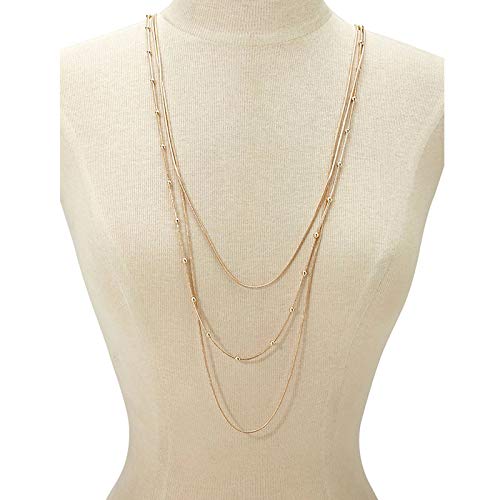 COLORFUL BLING Multilayer Choker Long Chain Tassel Pendant Necklace for Women Girls Beads Necklace Long Bar Charm Chain Jewelry (A Gold three layer)