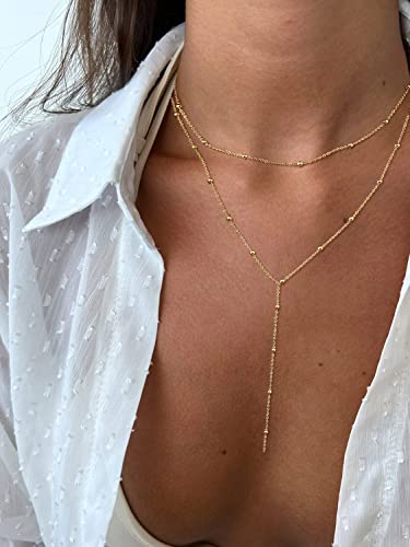 CHESKY Lariat Gold Necklace for Women, Dainty Long Necklace 14k Gold Plated Layered Necklaces Trendy Y-Shaped Bead Pendant Chain Necklace Simple Double Women Gold Necklaces Jewelry Gift Wedding