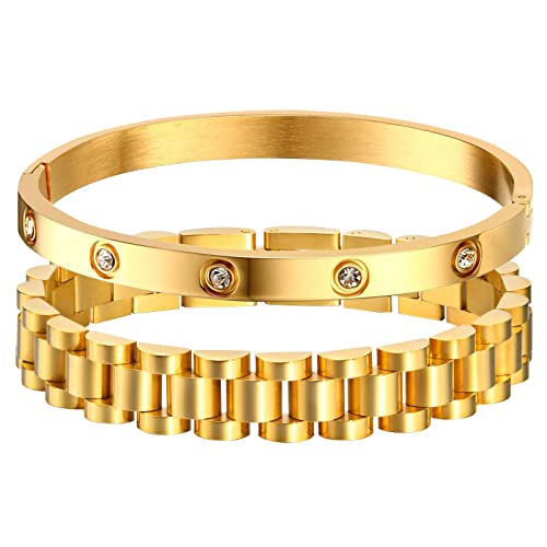 MPRAINBOW 2pcs Gold Chain Link Bracelet - Stainless Steel Love Cubic Zirconia Crystal Friendship Bracelet Bangle,Watch Band Chain Wristband Jewelry with Adjust Tool
