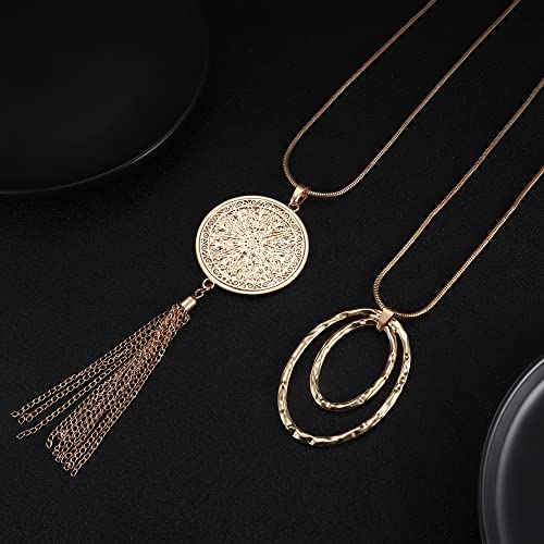 HAIAISO 6Pcs Long Necklaces for Women Tassel Pendant Necklace Circle Knot Bar Feather Leaf Sweater Necklace Statement Necklace for Women