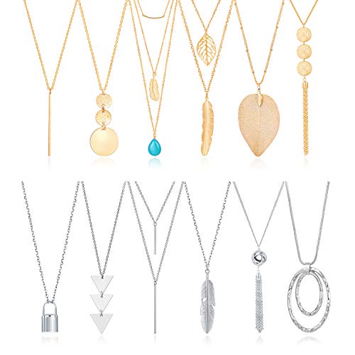 Fecsiory 12 Pcs Long Pendant Necklace for Women, Gold Bar Feather Triangle Leaf Lock Tassel Y Necklace Jewelry Set