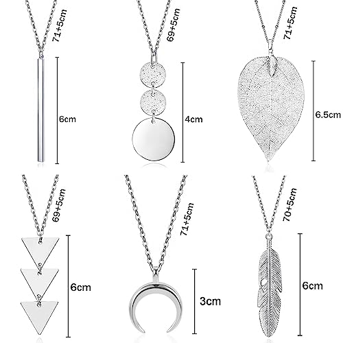 YQZIYOU 6 PCS Long Necklaces for Women - Fashion Pendant Necklace Jewelry, Silver Bar Feather Circle Leaf Triangle Crescent Moon Y Necklace Jewelry Set, Gifts for Women