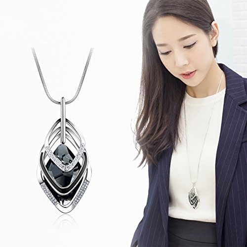 GexoOmgo Long Chain Necklace for Women Crystal Sweater Triple Stack Zirconia Pendant Rhombic Rhinestone Pendant Necklace-Silvertone Fashion Jewelry for Women