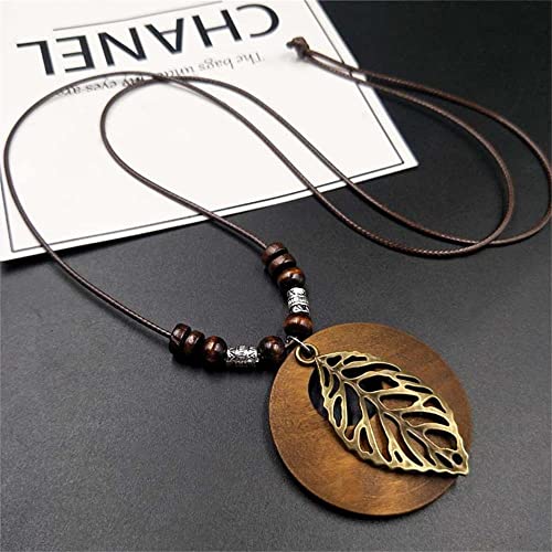 KIFEDSLJ Wooden Pendant Necklace with Owl Leaf Elephant Flower Handmade Vintage Bronze Leaf Long Leather Chain Sweater Necklace for Women-leaf