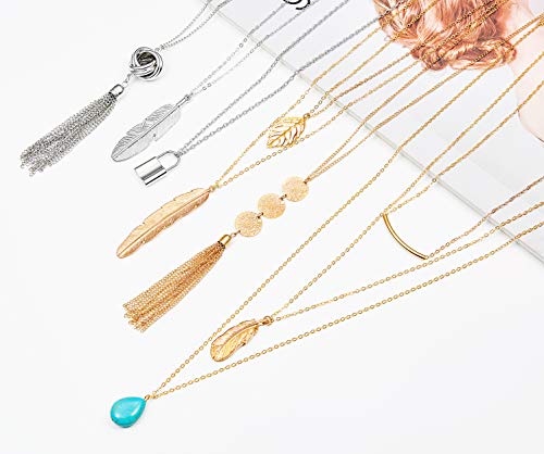 Fecsiory 12 Pcs Long Pendant Necklace for Women, Gold Bar Feather Triangle Leaf Lock Tassel Y Necklace Jewelry Set