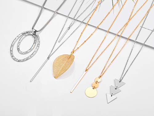 Fecsiory 12 Pcs Long Pendant Necklace for Women, Gold Bar Feather Triangle Leaf Lock Tassel Y Necklace Jewelry Set