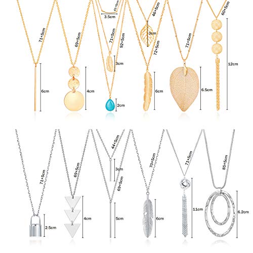 Fecsiory 12 Pcs Long Pendant Necklace for Women, Gold Bar Feather Triangle Leaf Lock Tassel Y Necklace Jewelry Set