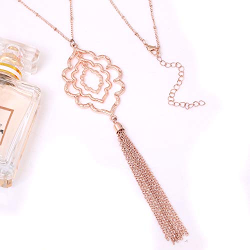 MOLOCH Long Necklaces For Woman Minimalist Geometric Circle Pendant Necklaces Bohemia Tassel Fringe Necklace Set Statement Pendant (rose gold)