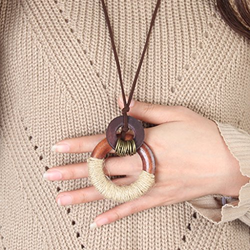 GelConnie Womens Pendant Necklace Wood Handmade Jewelry Leather Necklace Long Rope Sweater Necklace for Woman
