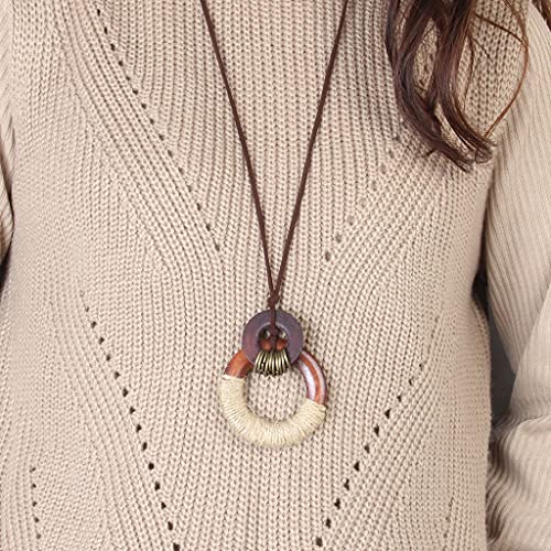 GelConnie Womens Pendant Necklace Wood Handmade Jewelry Leather Necklace Long Rope Sweater Necklace for Woman
