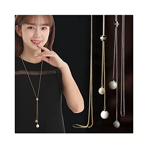 Pearl Pendant Long Necklace for Women Sweater Chain Statement Necklace Choker Adjustable Elegant Jewelry Crystal Accessories Dressy Collocation Winter Evening Party Wedding (Gold, Adjustable)