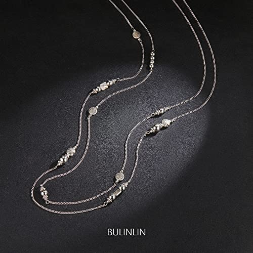 BULINLIN Layered Silver Long Necklace for Women Turquoise Stone Beaded Strand Sweater Chain Necklaces Fashion Costume Jewelry Gifts for Mom(Metal)