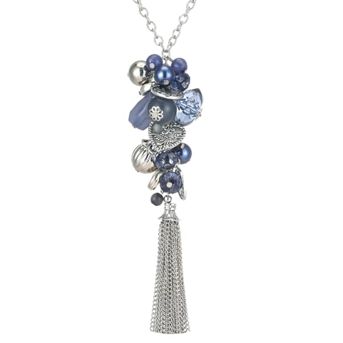 PEARL&CLUB Silver Long Tassel Necklaces for Women Boho Chain Necklace with Tassel Beaded Pendant Silver Fashion Jewelry Gifts for Women(Blue)