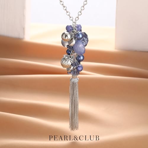 PEARL&CLUB Silver Long Tassel Necklaces for Women Boho Chain Necklace with Tassel Beaded Pendant Silver Fashion Jewelry Gifts for Women(Blue)