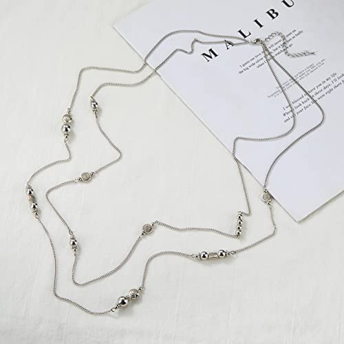BULINLIN Layered Silver Long Necklace for Women Turquoise Stone Beaded Strand Sweater Chain Necklaces Fashion Costume Jewelry Gifts for Mom(Metal)