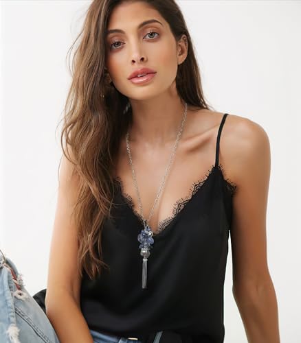 PEARL&CLUB Silver Long Tassel Necklaces for Women Boho Chain Necklace with Tassel Beaded Pendant Silver Fashion Jewelry Gifts for Women(Blue)