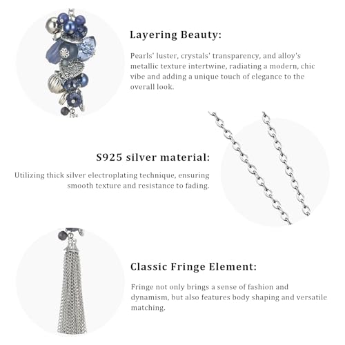 PEARL&CLUB Silver Long Tassel Necklaces for Women Boho Chain Necklace with Tassel Beaded Pendant Silver Fashion Jewelry Gifts for Women(Blue)