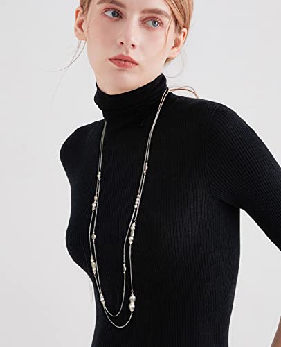 BULINLIN Layered Silver Long Necklace for Women Turquoise Stone Beaded Strand Sweater Chain Necklaces Fashion Costume Jewelry Gifts for Mom(Metal)