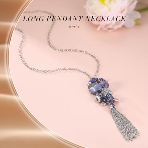 PEARL&CLUB Silver Long Tassel Necklaces for Women Boho Chain Necklace with Tassel Beaded Pendant Silver Fashion Jewelry Gifts for Women(Blue)