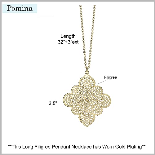 POMINA Gold Silver Geometric Filigree Pendent Long Necklace Casual Sweater Gold Chain Necklaces for women (Worn Gold)