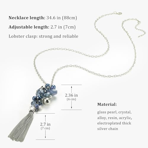 PEARL&CLUB Silver Long Tassel Necklaces for Women Boho Chain Necklace with Tassel Beaded Pendant Silver Fashion Jewelry Gifts for Women(Blue)