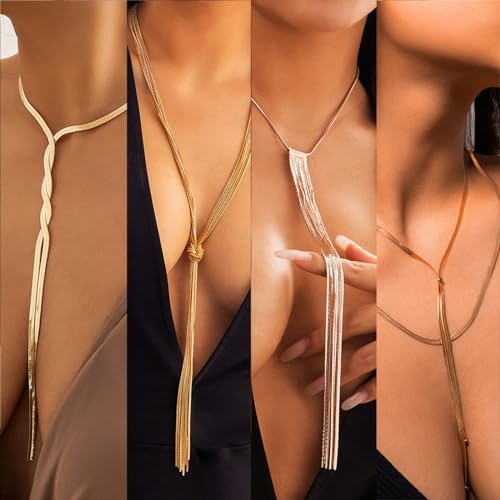 IFKM Long Gold Necklace for Women Dainty Lariat Gold Necklaces 14k Gold Plated Twist Snake Chain Y Necklace Simple Charm Trendy Jewelry Women Girls Gifts (Chain Twist)