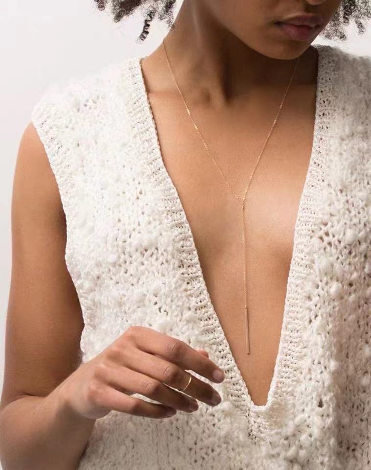 S.J JEWELRY Womens Handmade CZ Simple Delicate 14K Gold Plated/Rose Gold Plated/Silver Plated Lariat Simple Baton Adjustable Y Necklace-Y-1-Baton