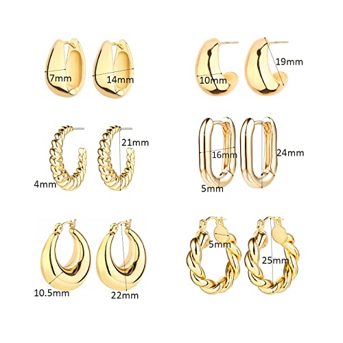 6 Pairs of 14K Gold Chunky Hoop Earrings