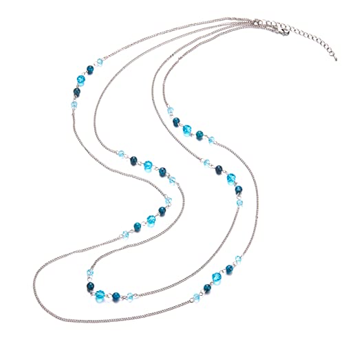 Noessla Long Silver Necklace for Women Bohemian Layered Statement Costume Long Necklaces for Women Fashion Jewelry Mothers Day Gifts(Lake blue)