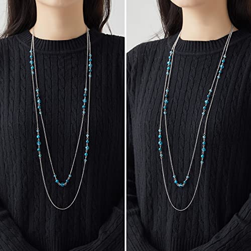 Noessla Long Silver Necklace for Women Bohemian Layered Statement Costume Long Necklaces for Women Fashion Jewelry Mothers Day Gifts(Lake blue)