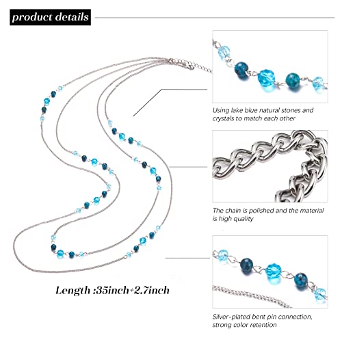 Noessla Long Silver Necklace for Women Bohemian Layered Statement Costume Long Necklaces for Women Fashion Jewelry Mothers Day Gifts(Lake blue)