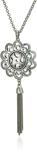 Lucky Brand Silver-Tone Floral Tassel Long Length Pendant Necklace