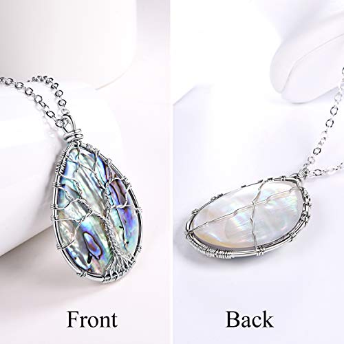 Long Necklaces for Women Abalone Necklaces Boho Jewelry Stainless Steel Tree of Life Wire Wrapped Light Blue Teardrop Abalone Shell Pendant 29.5+2Inch