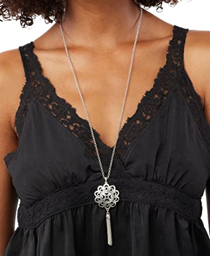 Lucky Brand Silver-Tone Floral Tassel Long Length Pendant Necklace