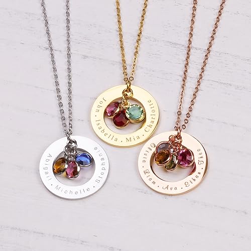 Custom Birthstone Necklace for Mom with Kids' Names