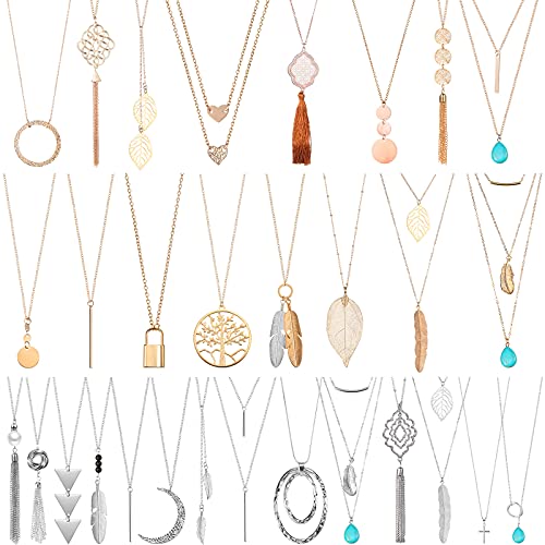 Hicarer 30 Pieces Long Pendant Necklace Set Simple Bar Layer Tassel Y Tassel Leaf Circle Bar Necklace Y-Shaped Statement Sweater Necklace for Women Girls