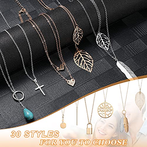 Hicarer 30 Pieces Long Pendant Necklace Set Simple Bar Layer Tassel Y Tassel Leaf Circle Bar Necklace Y-Shaped Statement Sweater Necklace for Women Girls