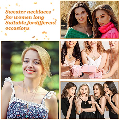 Hicarer 30 Pieces Long Pendant Necklace Set Simple Bar Layer Tassel Y Tassel Leaf Circle Bar Necklace Y-Shaped Statement Sweater Necklace for Women Girls